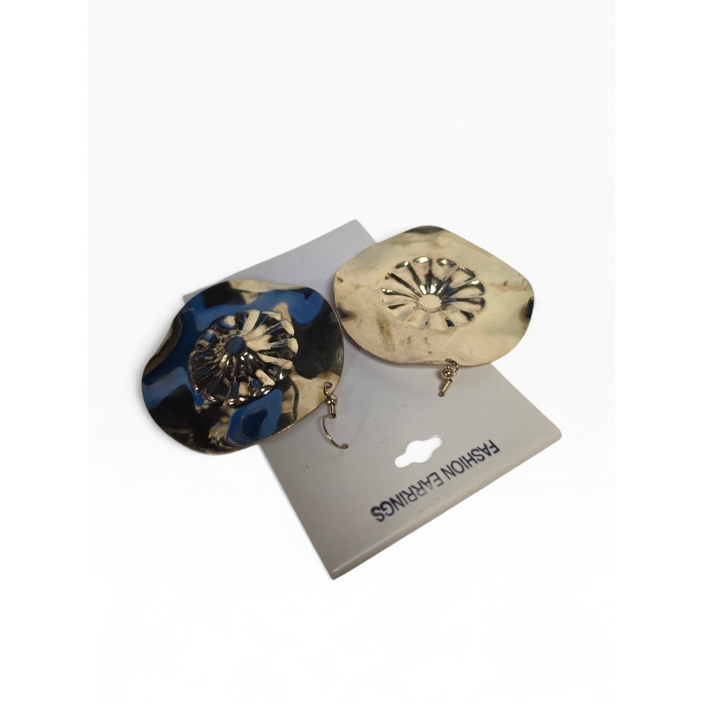 Large Pierced Gold tone Hammered Medallion Disc Earrings Boho Statement 2 1/4" - Picture 3 of 4